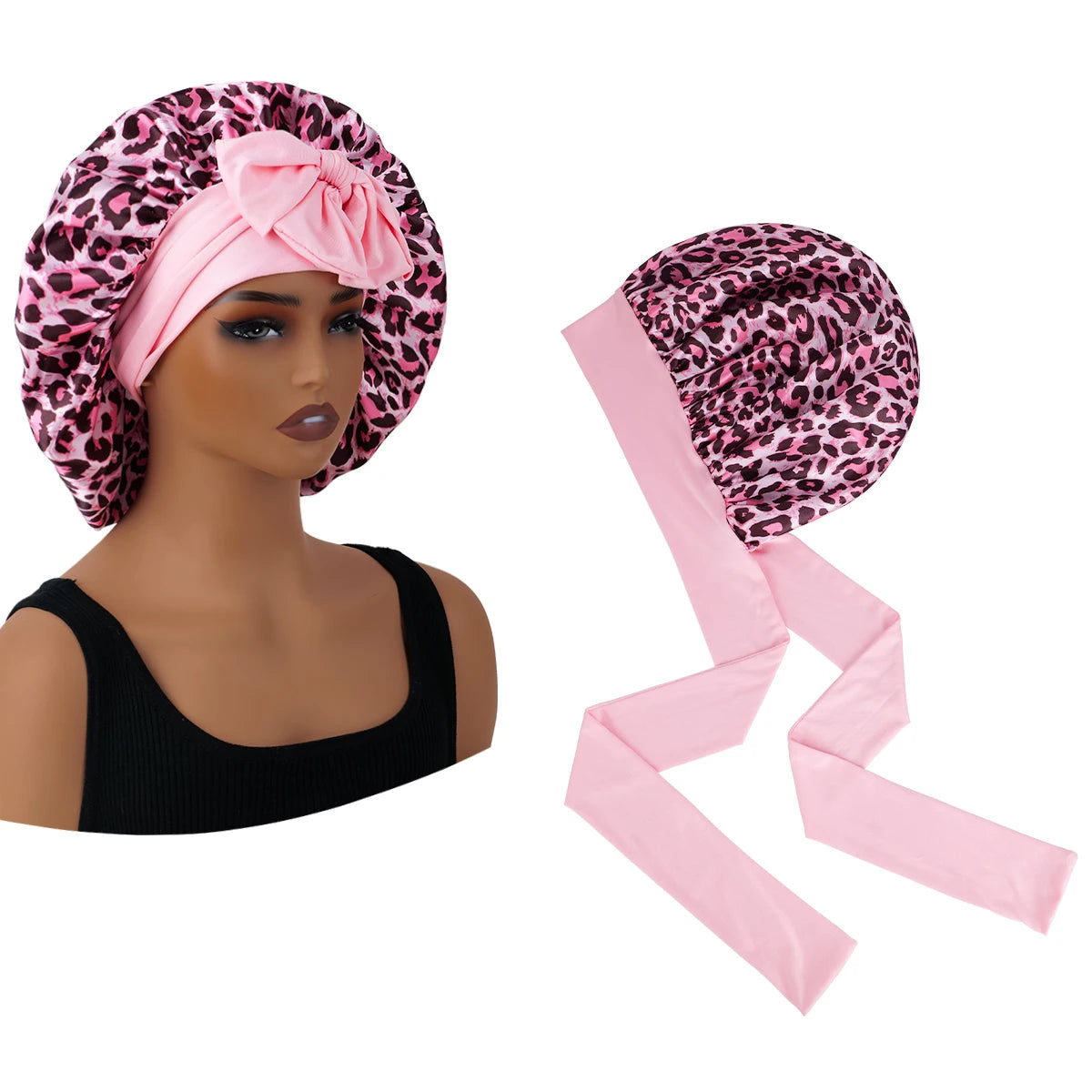Satin Bonnet Leopard Print with a Tie Band