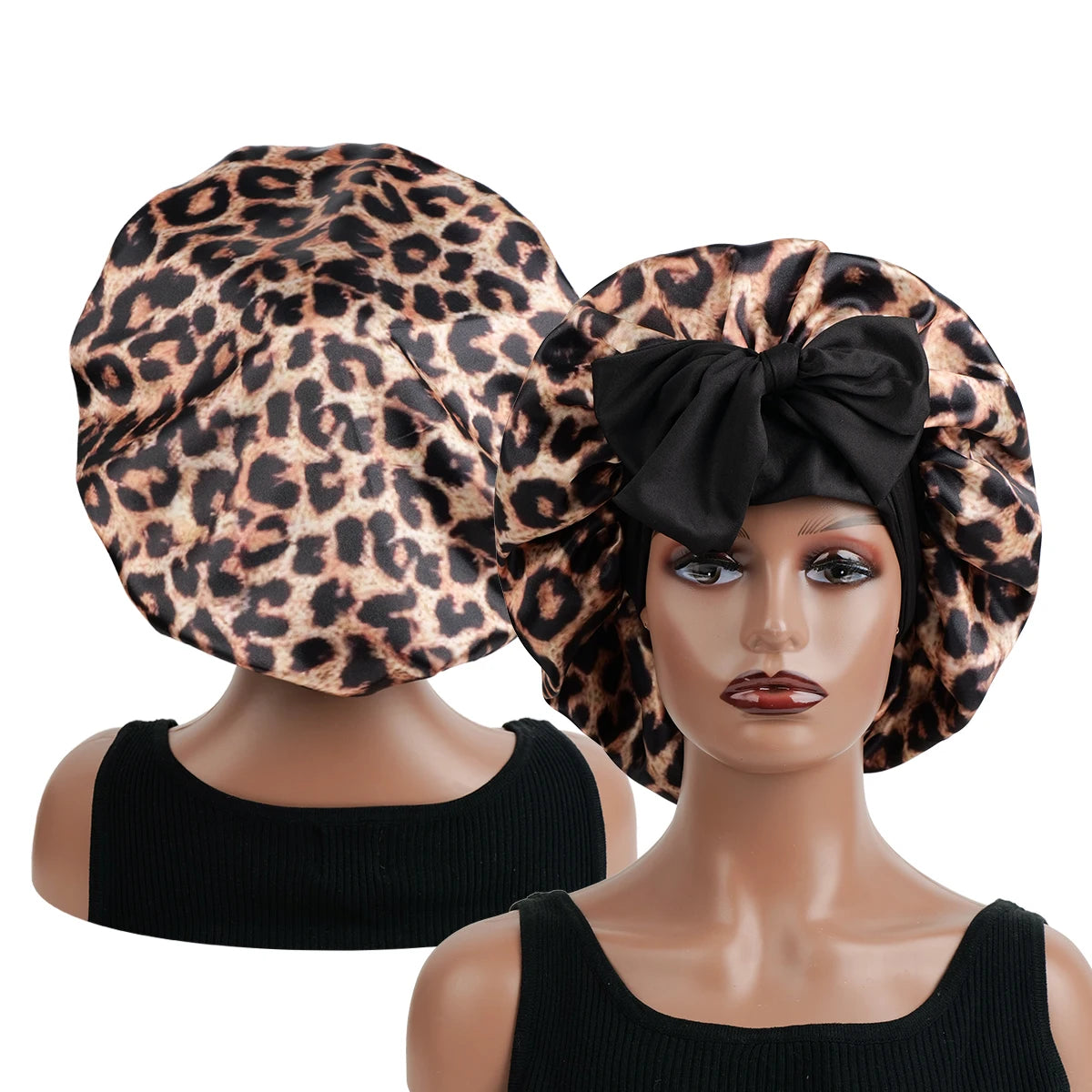 Satin Bonnet Leopard Print with a Tie Band
