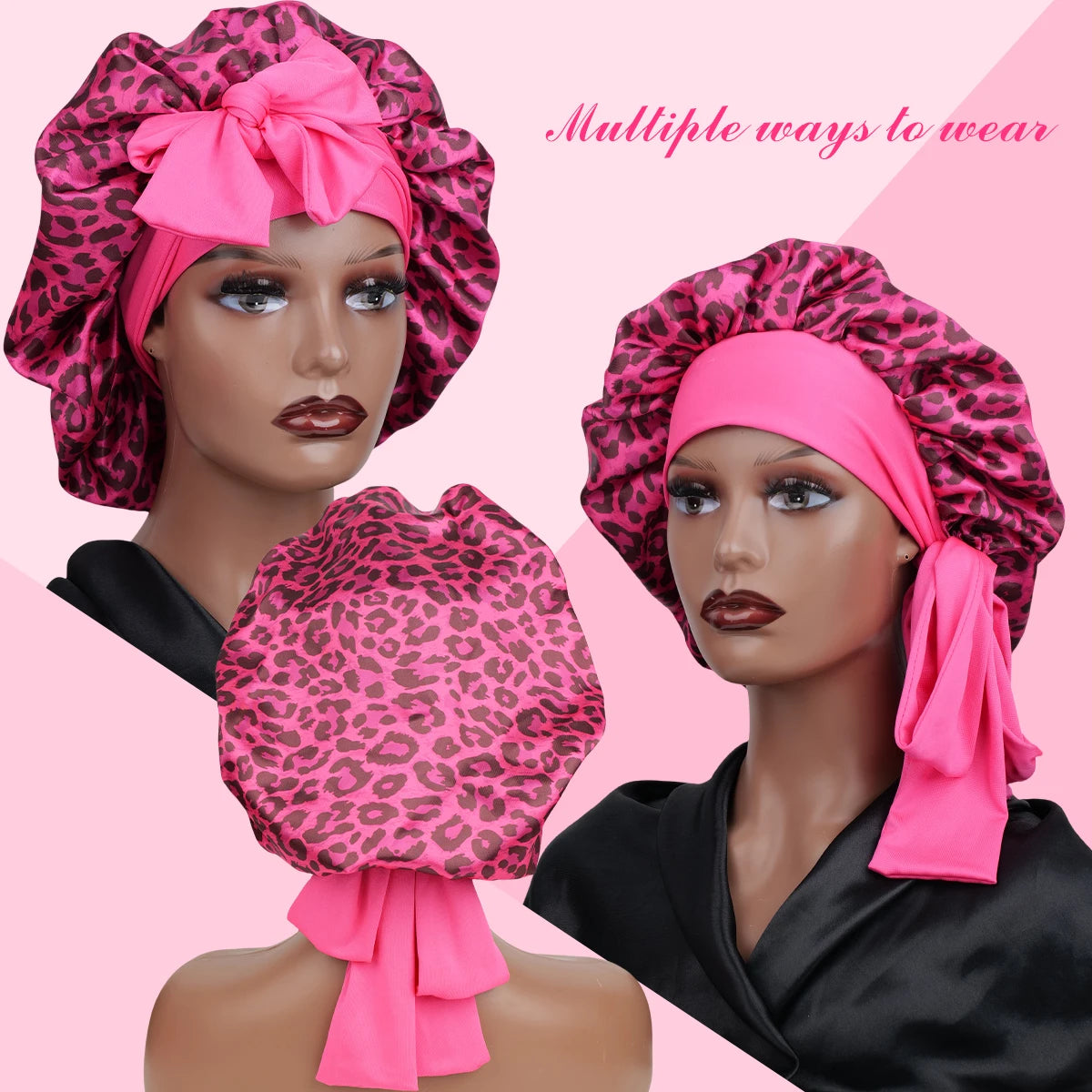 Satin Bonnet Leopard Print with a Tie Band