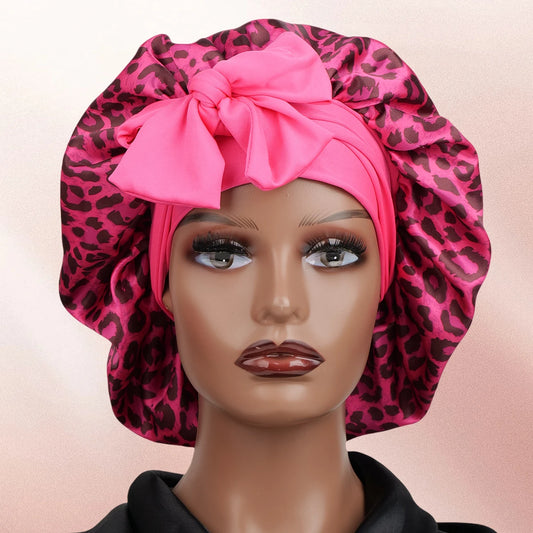 Satin Bonnet Leopard Print with a Tie Band